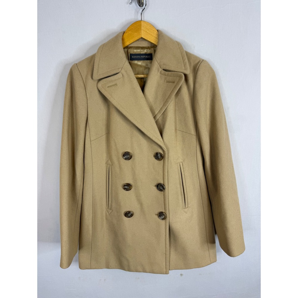 Banana Republic Camel Tan Wool Blend Double Breasted‎ Peacoat Jacket Womens XS